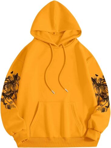 Women's Graphic Hoodies Butterfly Print Long Sleeve Drawstring Pocket Sweatshirt Pullover Tops in Kuwait