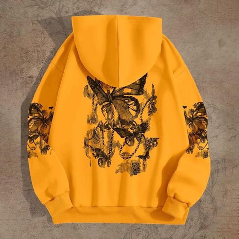 Women's Graphic Hoodies Butterfly Print Long Sleeve Drawstring Pocket Sweatshirt Pullover Tops in Kuwait