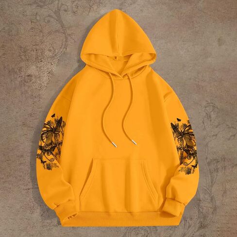 Women's Graphic Hoodies Butterfly Print Long Sleeve Drawstring Pocket Sweatshirt Pullover Tops in Kuwait