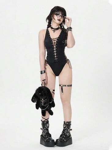 Women's Punk Rock Style Metal Grommet Lace-Up One-Piece Swimsuit, Halloween in Kuwait