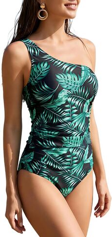 Women's One Shoulder Tropical Print One Piece Swimsuit Green Palm Leaf Ruched Slimming Beach Bathing Suit in Kuwait
