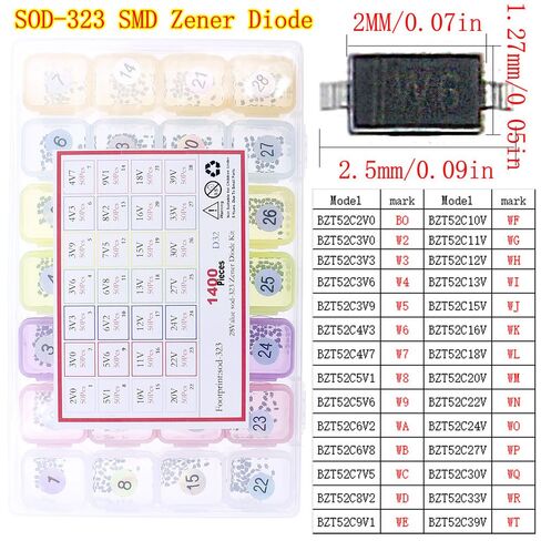 1400 قطعة 28 قيمة SOD-323 SMD زينر ديود تشكيلة كيت W1-WT 2.0V 3V 3.3V 3.6V 3.9V 4.3V 4.7V 5.1V 5.6V 6.2V 6.8V 7.5V 8.2V 9.1V 10V 11V 12V 13V 15 فولت 16 فولت 18 فولت 20 فولت 22 فولت 24 فولت 27 فولت 30 فولت 33 فولت 39 فولت in Kuwait