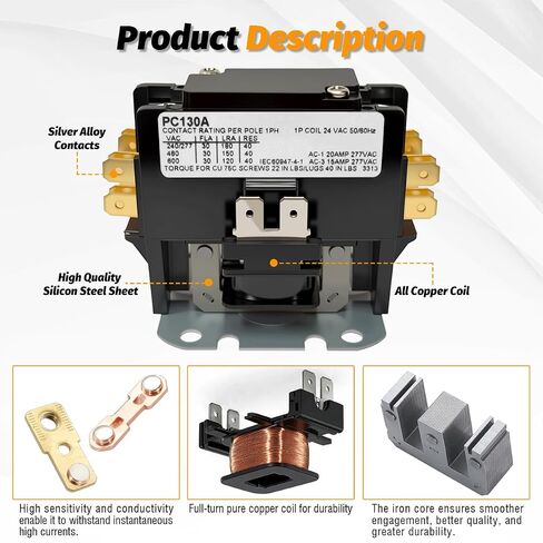 PC130A Single One 1 Pole 30 Amps 24 Volts A/C Contactor, FL 30A RES 40A 24V HVAC Contactor C147094P02 HN51KC024 42-102664-24 Replacement for Air Conditioner Heat Pump Water Heater in Kuwait