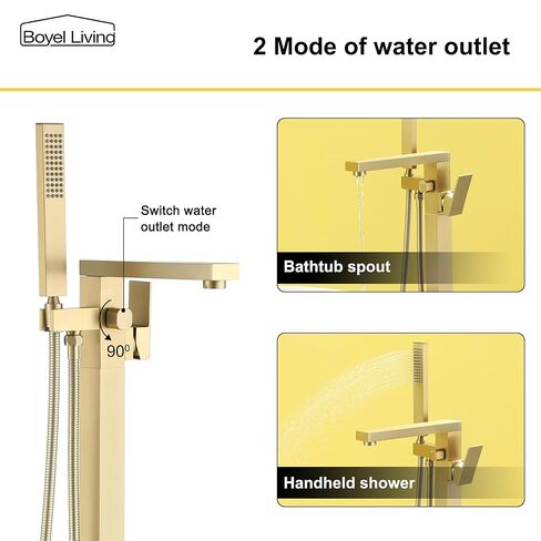 Boyel Living Freestanding Bathtub Faucet Tub Floor Mount Single Handle Filler Faucet with Hand Shower Brushed Gold in Kuwait