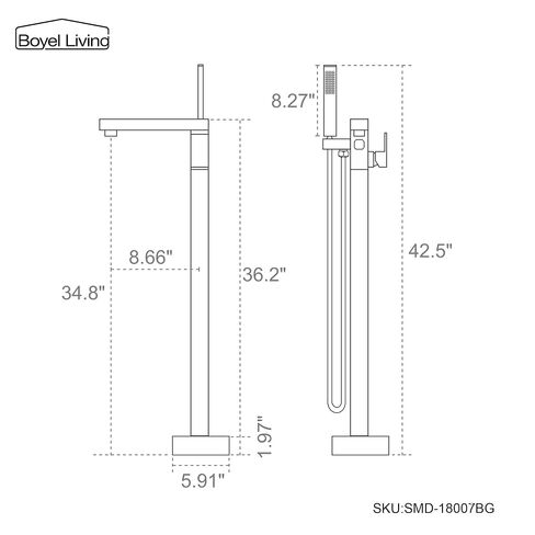Boyel Living Freestanding Bathtub Faucet Tub Floor Mount Single Handle Filler Faucet with Hand Shower Brushed Gold in Kuwait