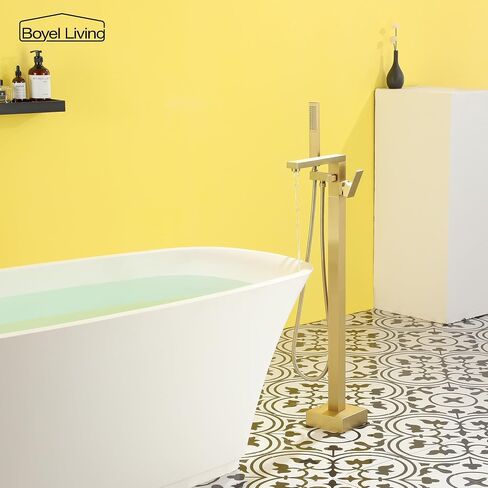 Boyel Living Freestanding Bathtub Faucet Tub Floor Mount Single Handle Filler Faucet with Hand Shower Brushed Gold in Kuwait