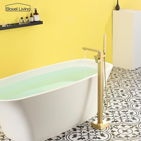 Boyel Living Freestanding Bathtub Faucet Tub Floor Mount Single Handle Filler Faucet with Hand Shower Brushed Gold in Kuwait