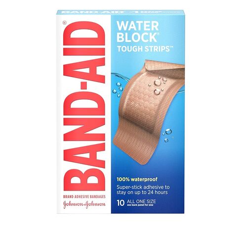 Band-Aid Brand Water Block Tough Strips Adhesive Bandages for First Aid Wound Care, Durable Waterproof Bandages to Protect Minor Cuts, Scrapes & Burns, Sterile, Extra Large, 10 ct in Kuwait