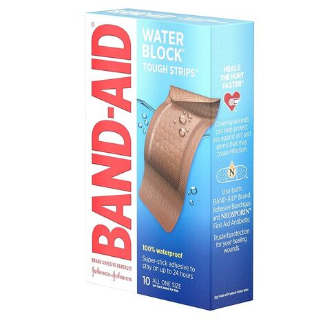 Band-Aid Brand Water Block Tough Strips Adhesive Bandages for First Aid Wound Care, Durable Waterproof Bandages to Protect Minor Cuts, Scrapes & Burns, Sterile, Extra Large, 10 ct in Kuwait