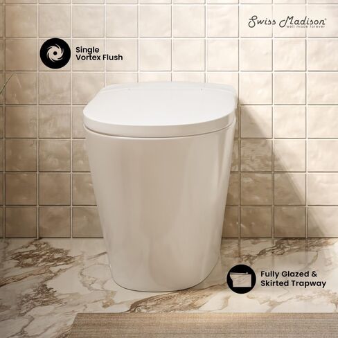 مرحاض Swiss Madison Hugo H Power Flush Tankless مرحاض 10 بوصة خشن في 1 GPF غير كهربائي ADA مع خزان متكامل باللون الأبيض اللامع in Kuwait