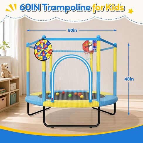 ترامبولين OUTREE مقاس 60 بوصة للأطفال من سن 3 إلى 6 سنوات، ترامبولين داخلي للأطفال مع طوق كرة السلة وشبكة مغلقة، تصميم آمن بدون فجوة، سهل التركيب، ألعاب حسية، منتجات حسية للتوحد، لعب ممتع ونشط in Kuwait