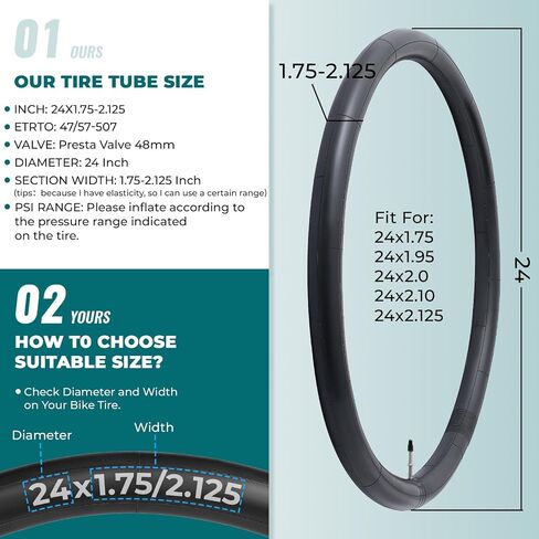 2 Pcs,Premium 24X1.75/1.90/1.95/2.0/2.10/2.125 Bike Tubes,Compatible for 24x1.75 to 2.125 Bike Tire,with FV48mm Presta Valve,Butyl Rubber,Used for Mountain,Cruiser,City and Road Bikes in Kuwait