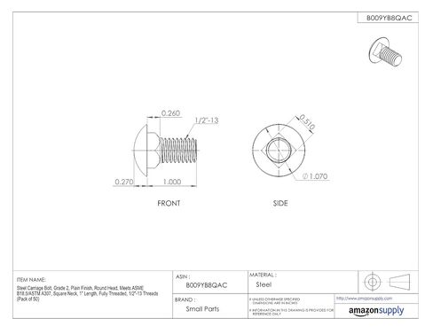 Steel Carriage Bolt, Grade 2, Plain Finish, Square Neck, Round Head, Meets ASME B18.5/ASTM A307, 1-3/4" Length, Fully Threaded, 3/8"-16 UNC Threads (Pack of 50) in Kuwait