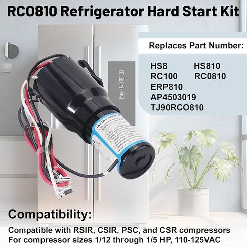 RCO810 3 في 1 مجموعة البداية الصلبة المتوافقة مع الثلاجة والمجمدات 110-125VAC مكثف التتابع الزائد 1/12 إلى 1/5 يستبدل TJ90RCO810 AP4503019 ERP810 HS8 HS810 RC100 (عبوتان) in Kuwait