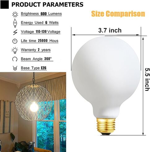لمبة إضاءة LED من Leools G30/G95 بيضاء لامعة خالية من النقر 6 وات بيضاء ناعمة 3000 كيلو CRI95 600LM، لمبة إضاءة LED اديسون غلوب عتيقة مكافئة 60 وات، قاعدة E26 القياسية، 4 عبوات in Kuwait