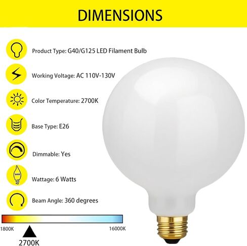 G40/G125 LED مصباح كروي كبير E26 60W لمبات كبيرة 2700K أبيض دافئ | مصابيح إضاءة زخرفية ذات خيوط زجاجية بيضاء كبيرة الحجم ومغطاة بالداخل، ومصابيح مستديرة لتركيبات إضاءة الثريا in Kuwait