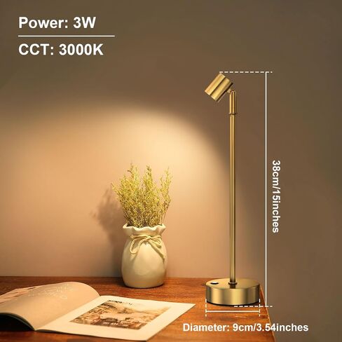 IMAGE Golden Cordless Spotlight عالية الطاقة قابلة للتعديل على شكل طاولة للنباتات والأعمال الفنية وعروض المجوهرات والأرفف والخزانة، لاسلكي أبيض دافئ، USB من النوع C، للمنزل، المطعم، والبار in Kuwait