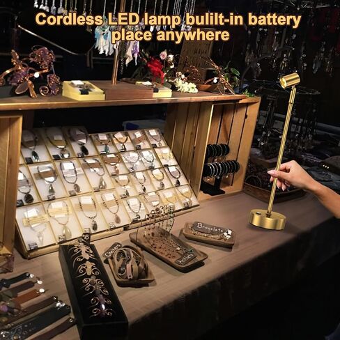 IMAGE Golden Cordless Spotlight عالية الطاقة قابلة للتعديل على شكل طاولة للنباتات والأعمال الفنية وعروض المجوهرات والأرفف والخزانة، لاسلكي أبيض دافئ، USB من النوع C، للمنزل، المطعم، والبار in Kuwait