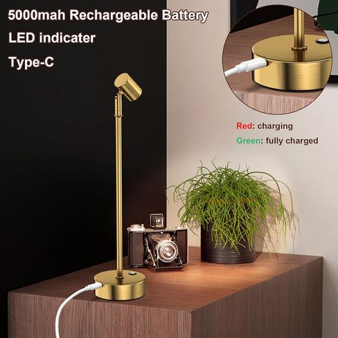 IMAGE Golden Cordless Spotlight عالية الطاقة قابلة للتعديل على شكل طاولة للنباتات والأعمال الفنية وعروض المجوهرات والأرفف والخزانة، لاسلكي أبيض دافئ، USB من النوع C، للمنزل، المطعم، والبار in Kuwait