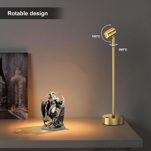 IMAGE Golden Cordless Spotlight عالية الطاقة قابلة للتعديل على شكل طاولة للنباتات والأعمال الفنية وعروض المجوهرات والأرفف والخزانة، لاسلكي أبيض دافئ، USB من النوع C، للمنزل، المطعم، والبار in Kuwait