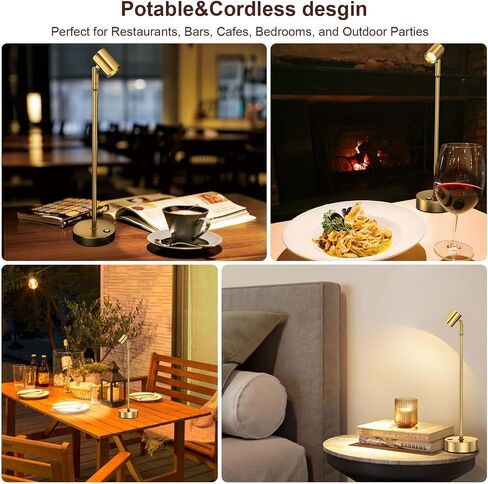 IMAGE Golden Cordless Spotlight عالية الطاقة قابلة للتعديل على شكل طاولة للنباتات والأعمال الفنية وعروض المجوهرات والأرفف والخزانة، لاسلكي أبيض دافئ، USB من النوع C، للمنزل، المطعم، والبار in Kuwait