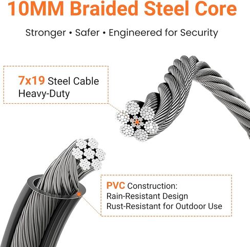 3/8" Heavy Duty Security Cable with Dual Loops, Braided Steel Bike Lock Cable for Bicycle, Scooter & Outdoor Equipment Protection, Flexible Vinyl Coated Anti-Theft Cable (7ft) in Kuwait