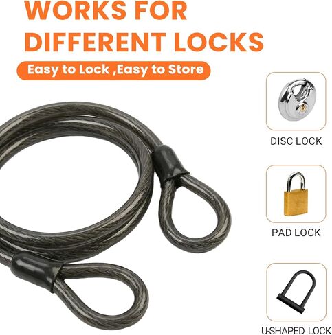 3/8" Heavy Duty Security Cable with Dual Loops, Braided Steel Bike Lock Cable for Bicycle, Scooter & Outdoor Equipment Protection, Flexible Vinyl Coated Anti-Theft Cable (7ft) in Kuwait
