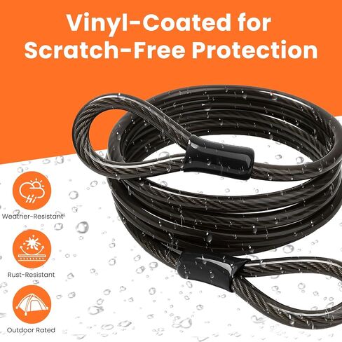 3/8" Heavy Duty Security Cable with Dual Loops, Braided Steel Bike Lock Cable for Bicycle, Scooter & Outdoor Equipment Protection, Flexible Vinyl Coated Anti-Theft Cable (7ft) in Kuwait