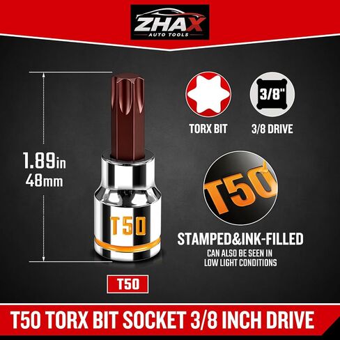 ZHAX T50 Torx Bit Socket 3/8 Inch Drive, Yellow Clear Embossed & Painted Mark Star Socket, Full Polished, Premium S2 Alloy & Cr-V Steel, Made for Repair in Kuwait