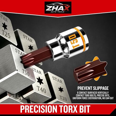 ZHAX T50 Torx Bit Socket 3/8 Inch Drive, Yellow Clear Embossed & Painted Mark Star Socket, Full Polished, Premium S2 Alloy & Cr-V Steel, Made for Repair in Kuwait