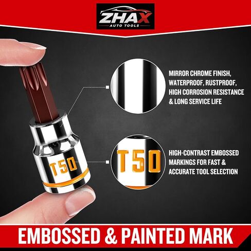 ZHAX T50 Torx Bit Socket 3/8 Inch Drive, Yellow Clear Embossed & Painted Mark Star Socket, Full Polished, Premium S2 Alloy & Cr-V Steel, Made for Repair in Kuwait