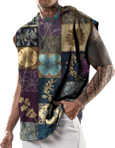 MARSVOVO Men Summer Loose Fit Crew Neck Hooded Top Trendy Print Sleeveless Casual Tank in Kuwait