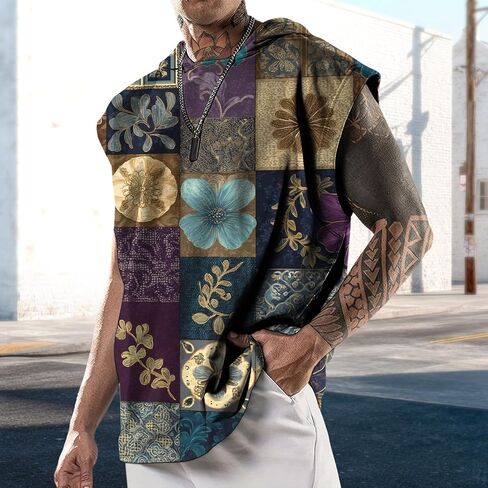 MARSVOVO Men Summer Loose Fit Crew Neck Hooded Top Trendy Print Sleeveless Casual Tank in Kuwait