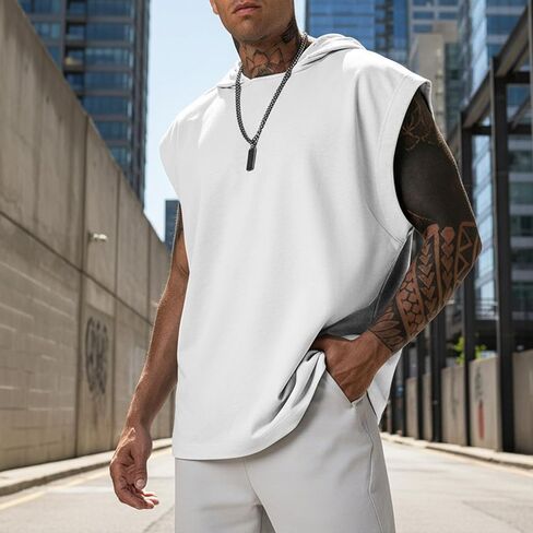 MARSVOVO Men Summer Loose Fit Crew Neck Hooded Top Trendy Print Sleeveless Casual Tank in Kuwait