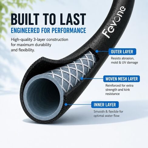 FEVONE Kink Free Garden Hose 50 ft, Heavy Duty Water Hose | Flexible Lightweight, Hybrid Polymer, 5/8 ID, 600 PSI, Leak-Proof, Solid Brass 3/4 GHT Fittings for Garden Watering in Kuwait