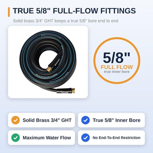 FEVONE Kink Free Garden Hose 50 ft, Heavy Duty Water Hose | Flexible Lightweight, Hybrid Polymer, 5/8 ID, 600 PSI, Leak-Proof, Solid Brass 3/4 GHT Fittings for Garden Watering in Kuwait