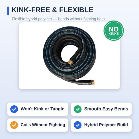 FEVONE Kink Free Garden Hose 50 ft, Heavy Duty Water Hose | Flexible Lightweight, Hybrid Polymer, 5/8 ID, 600 PSI, Leak-Proof, Solid Brass 3/4 GHT Fittings for Garden Watering in Kuwait