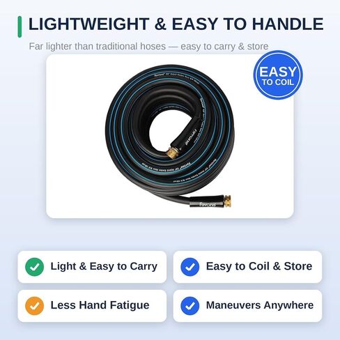 FEVONE Kink Free Garden Hose 50 ft, Heavy Duty Water Hose | Flexible Lightweight, Hybrid Polymer, 5/8 ID, 600 PSI, Leak-Proof, Solid Brass 3/4 GHT Fittings for Garden Watering in Kuwait