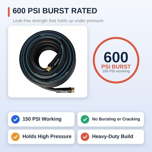 FEVONE Kink Free Garden Hose 50 ft, Heavy Duty Water Hose | Flexible Lightweight, Hybrid Polymer, 5/8 ID, 600 PSI, Leak-Proof, Solid Brass 3/4 GHT Fittings for Garden Watering in Kuwait