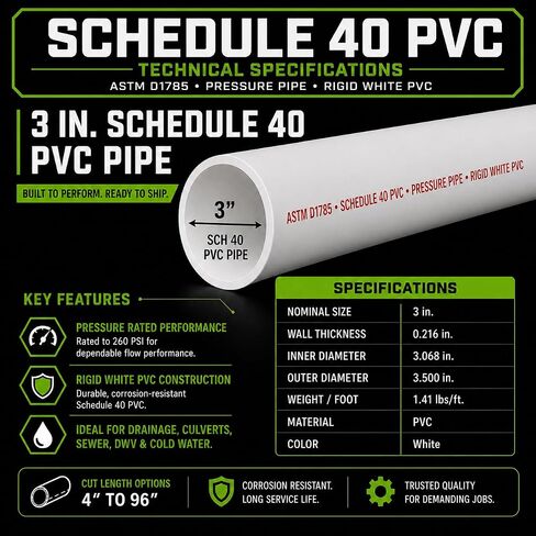 3 Inch Schedule 40 PVC Pipe – Rigid White PVC Plumbing Pipe for Drainage, Pool & Spa, Cold Water Applications – (3.5 Inch OD, 3.068 Inch ID) (36, Inches) in Kuwait