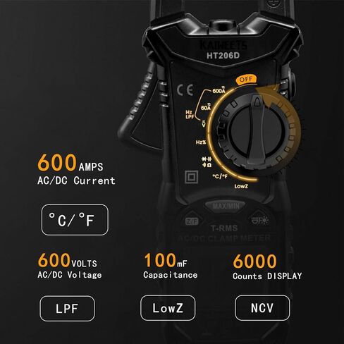 KAIWEETS HT206D مقياس المشبك الرقمي T-RMS 6000 عدد، KET01 مجموعة موصلات اختبار كهربائي من السيليكون الناعم in Kuwait