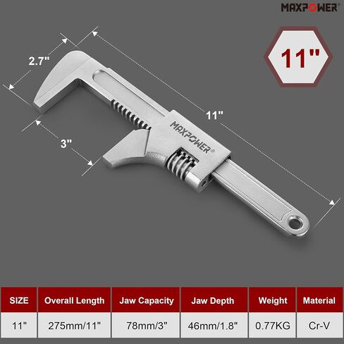 مفتاح ربط سيارات MAXPOWER مقاس 11 بوصة، مفتاح ربط واسع قابل للتعديل، فتحة فك واسعة 3"، مفتاح ربط تلقائي قابل للتعديل لبناء السيارات وصيانة الماكينات وإصلاحات المنزل in Kuwait