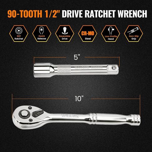 1/2" Drive Ratchet Wrench Set, 90T Quick-Release Reversible Ratchet, Cr-Mo Head with 5" Extension Bar for Automotive & Home Repair in Kuwait