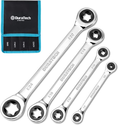 DURATECH 4-Piece E-Torx Wrench Set, Double Box End Ratcheting Wrench Set, Including E6 * E8, E10 * E12, E14 * E18 and E20 * E24, 72-Teeth, CR-V Steel, Mirror-Polished with Rolling Pouch in Kuwait
