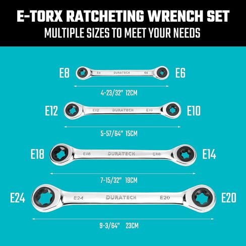 DURATECH 4-Piece E-Torx Wrench Set, Double Box End Ratcheting Wrench Set, Including E6 * E8, E10 * E12, E14 * E18 and E20 * E24, 72-Teeth, CR-V Steel, Mirror-Polished with Rolling Pouch in Kuwait