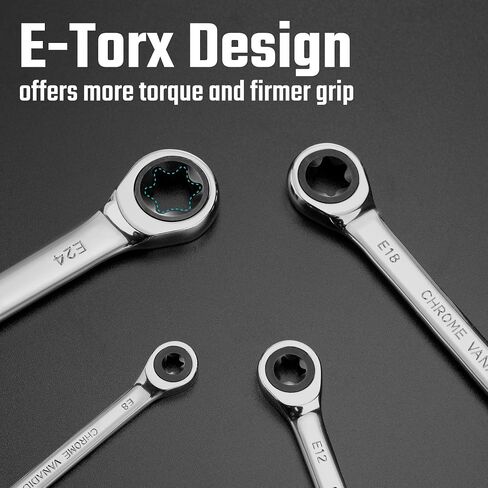 DURATECH 4-Piece E-Torx Wrench Set, Double Box End Ratcheting Wrench Set, Including E6 * E8, E10 * E12, E14 * E18 and E20 * E24, 72-Teeth, CR-V Steel, Mirror-Polished with Rolling Pouch in Kuwait