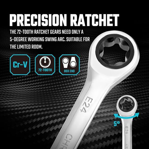 DURATECH 4-Piece E-Torx Wrench Set, Double Box End Ratcheting Wrench Set, Including E6 * E8, E10 * E12, E14 * E18 and E20 * E24, 72-Teeth, CR-V Steel, Mirror-Polished with Rolling Pouch in Kuwait