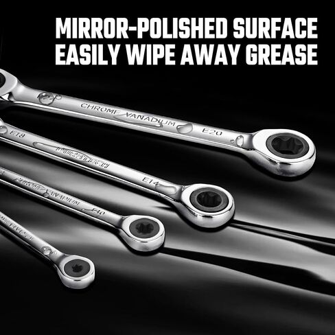 DURATECH 4-Piece E-Torx Wrench Set, Double Box End Ratcheting Wrench Set, Including E6 * E8, E10 * E12, E14 * E18 and E20 * E24, 72-Teeth, CR-V Steel, Mirror-Polished with Rolling Pouch in Kuwait