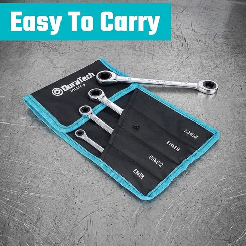DURATECH 4-Piece E-Torx Wrench Set, Double Box End Ratcheting Wrench Set, Including E6 * E8, E10 * E12, E14 * E18 and E20 * E24, 72-Teeth, CR-V Steel, Mirror-Polished with Rolling Pouch in Kuwait