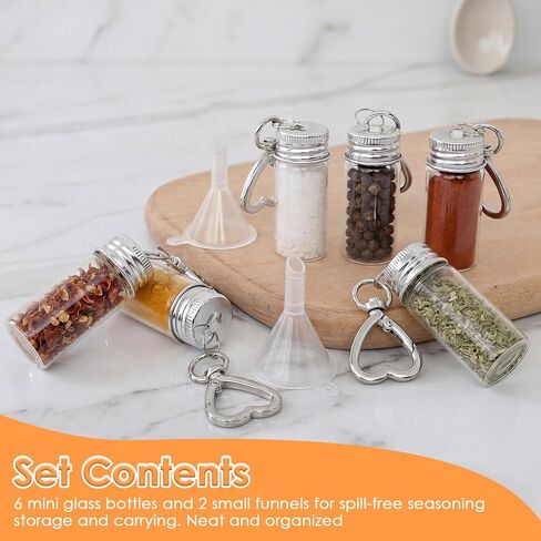 6 Pcs Travel Salt Shaker, Mini Salt Keychain Bottle with Mini Funnel, Portable Clear Glass Spice Jar, Small Key Chain Travel Salt and Pepper Shakers for Camping, Office, Outdoor in Kuwait